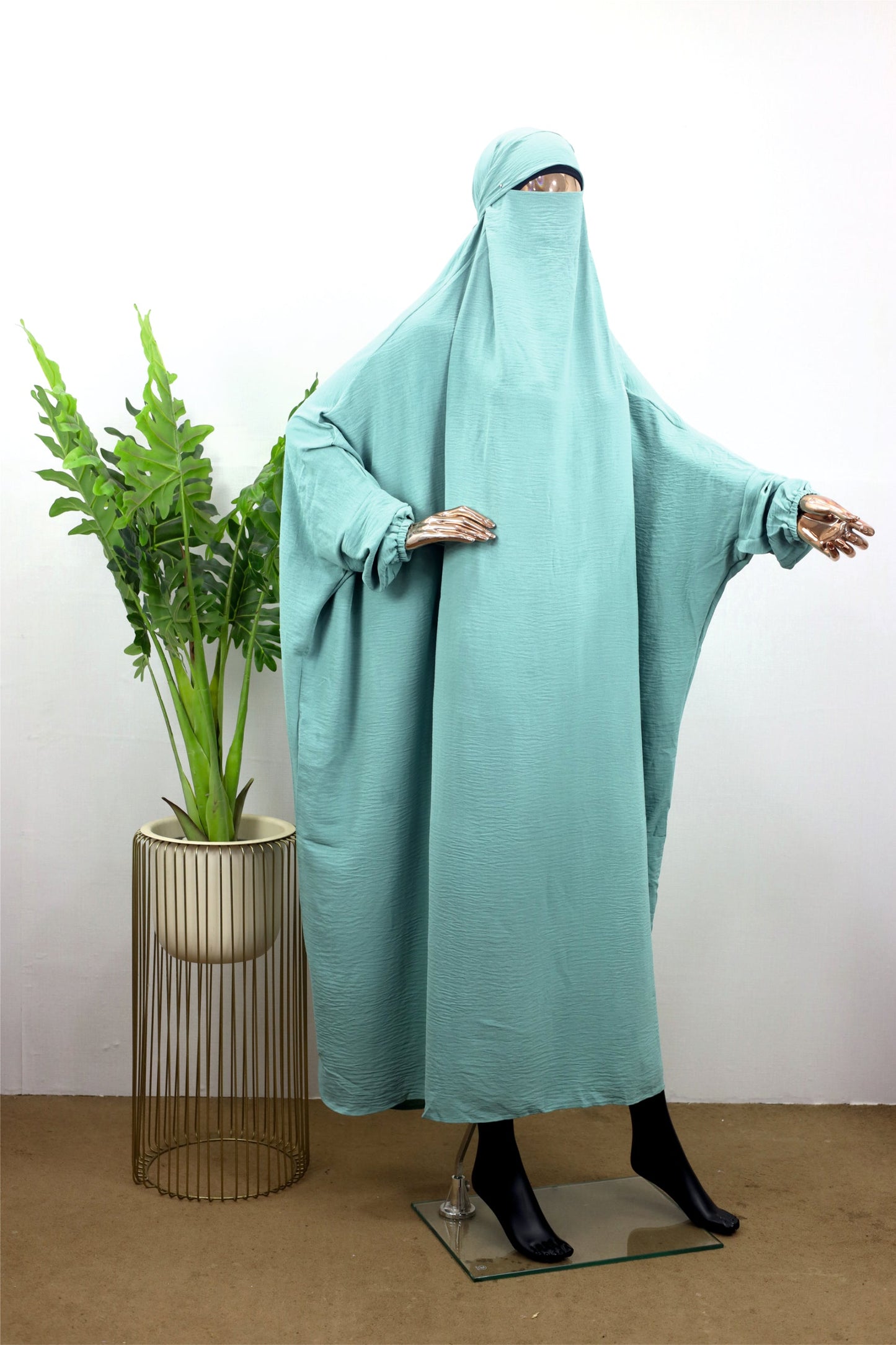 One-Piece Crinkle Nida Saudi Jilbab with Attached Niqab-Tie-Back - BEINGMUSLIMS THE HIJAB SHOPPE