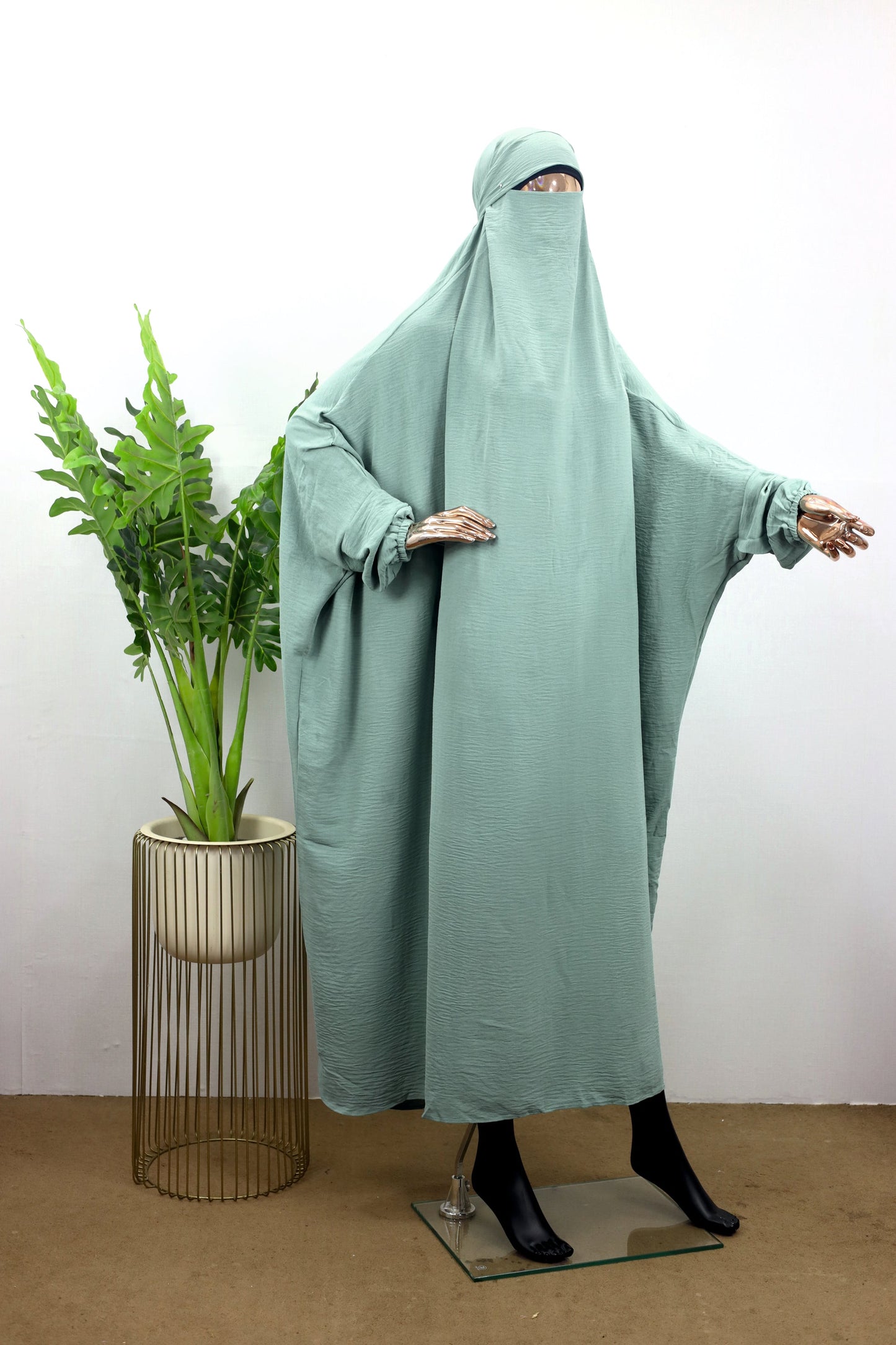 One-Piece Crinkle Nida Saudi Jilbab with Attached Niqab-Tie-Back - BEINGMUSLIMS THE HIJAB SHOPPE