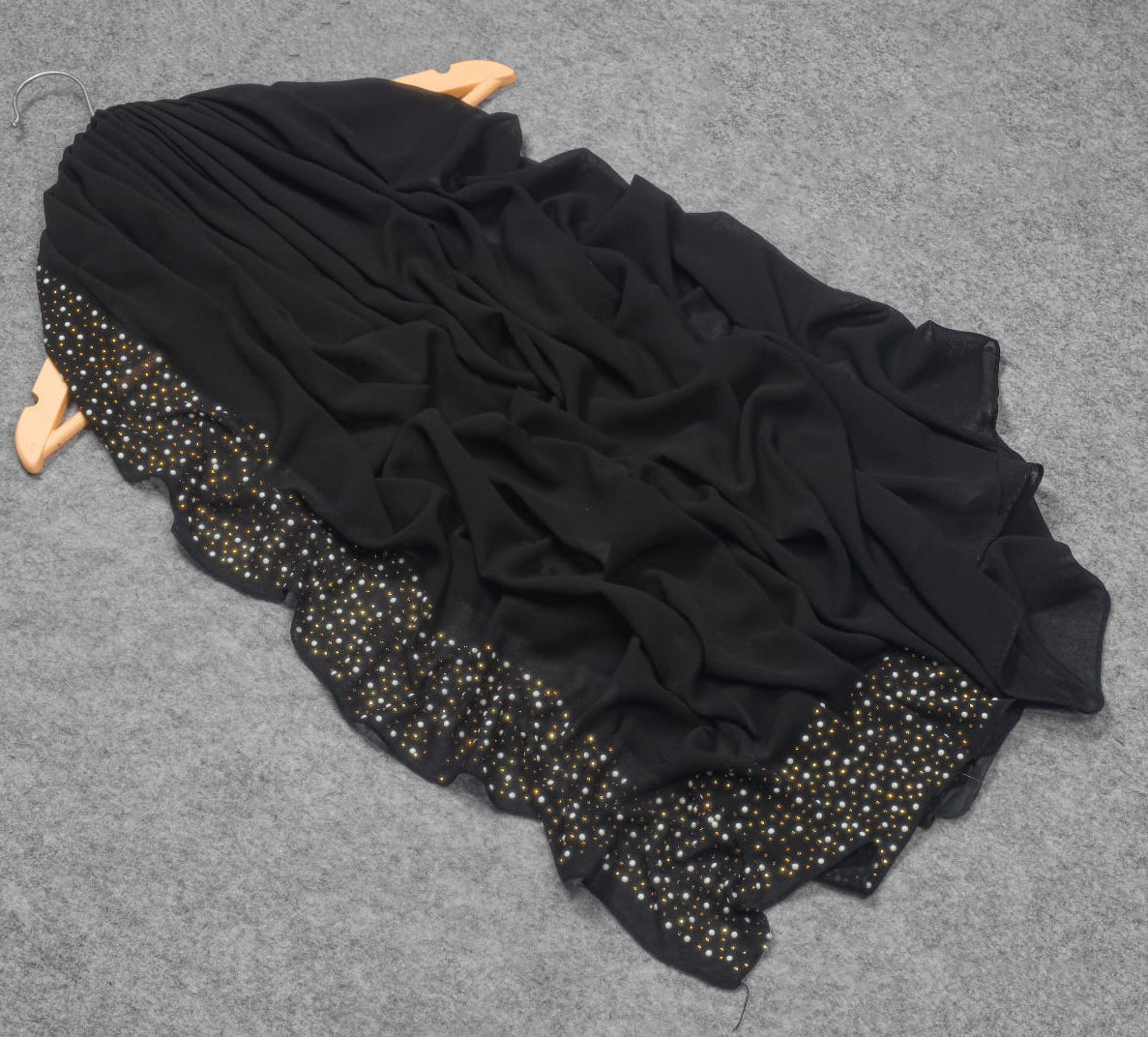 Black Georgette Hijab – Golden Crystal Beaded Border - BEINGMUSLIMS THE HIJAB SHOPPE