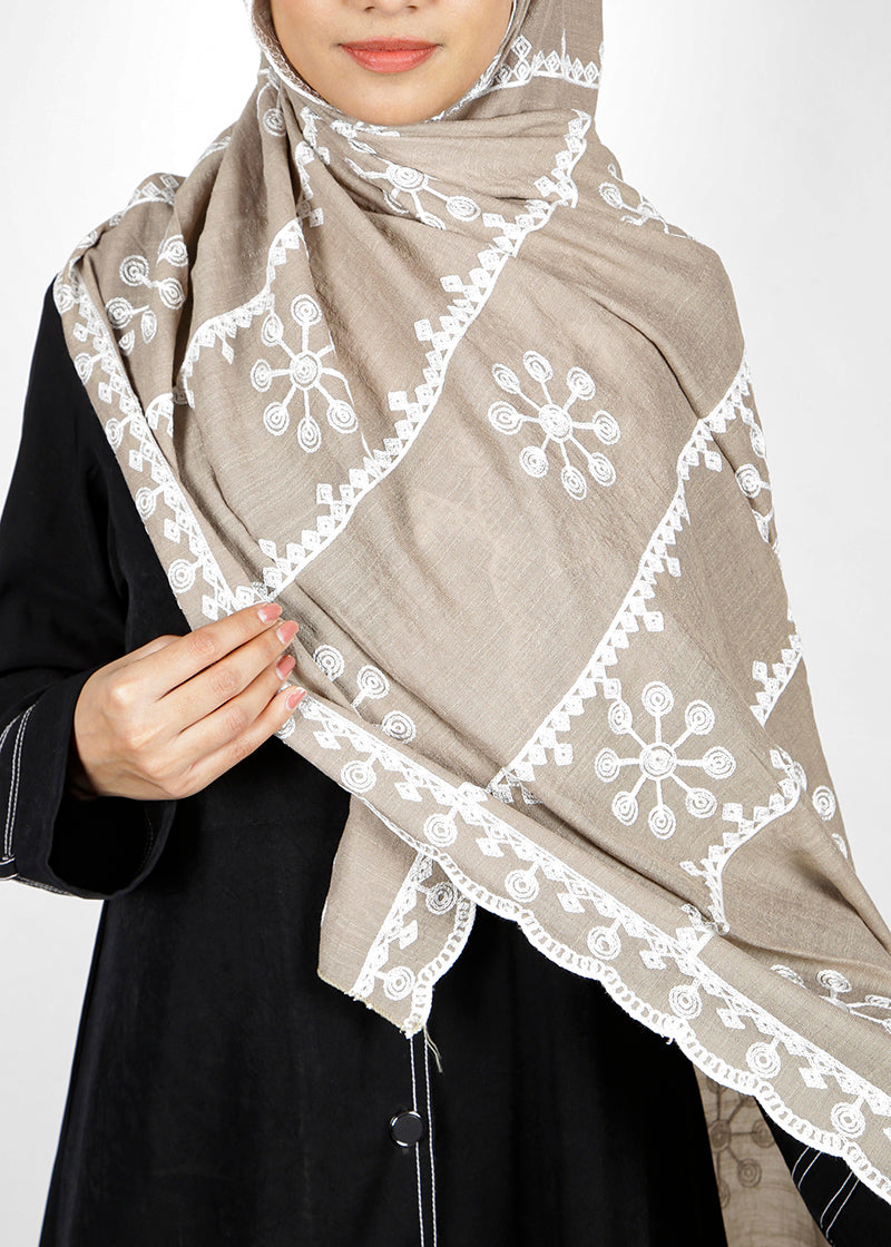 BeingMuslims Designer Embroidered Brown Cotton Hijab
