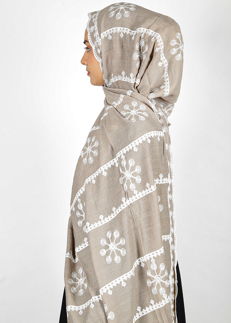BeingMuslims Designer Embroidered Brown Cotton Hijab