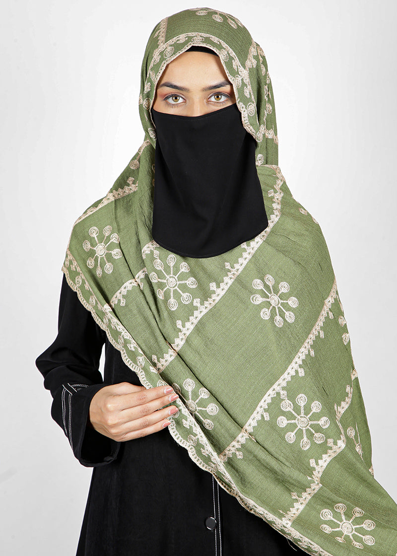BeingMuslims Designer Embroidered Green Cotton Hijab