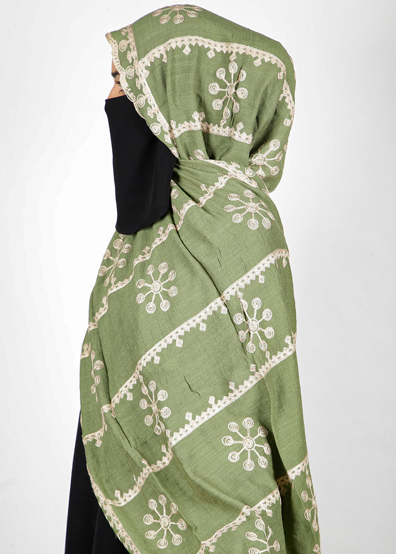 BeingMuslims Designer Embroidered Green Cotton Hijab