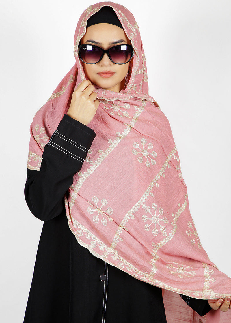 BeingMuslims Designer Embroidered Light Pink Cotton Hijab