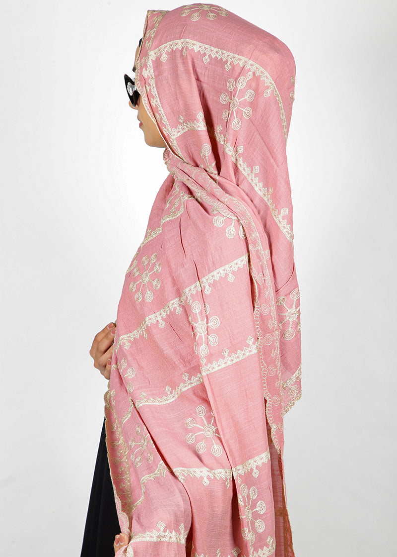 BeingMuslims Designer Embroidered Light Pink Cotton Hijab