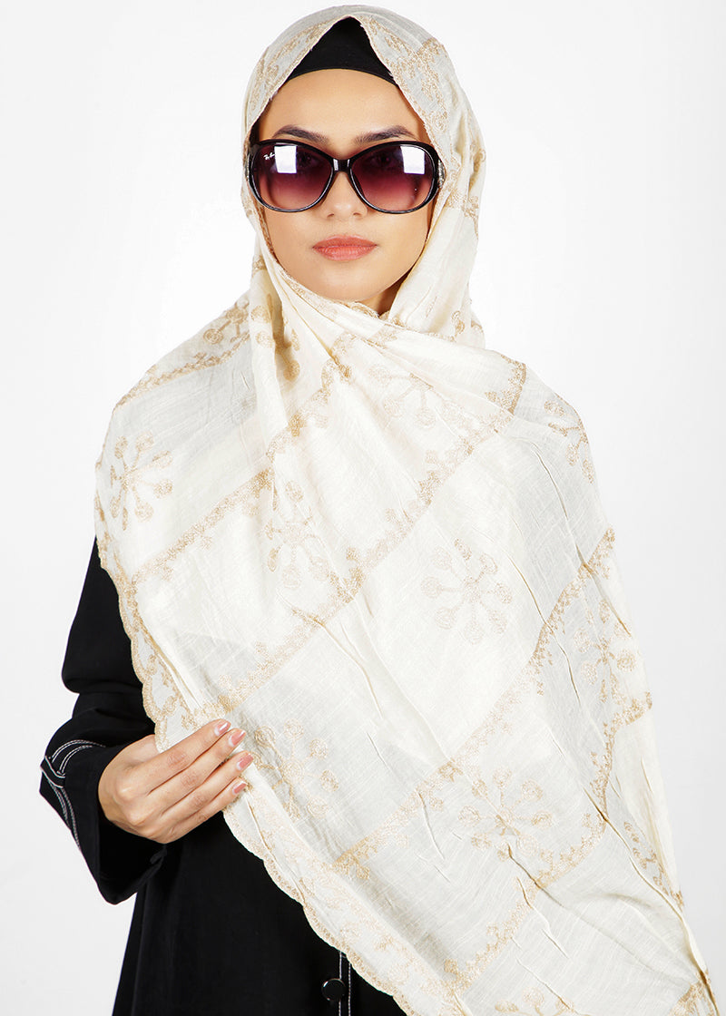 BeingMuslims Designer Embroidered Off White Cotton Hijab