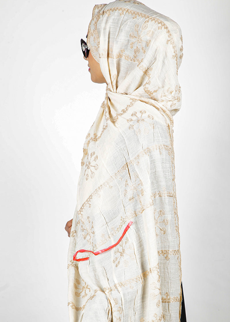 BeingMuslims Designer Embroidered Off White Cotton Hijab