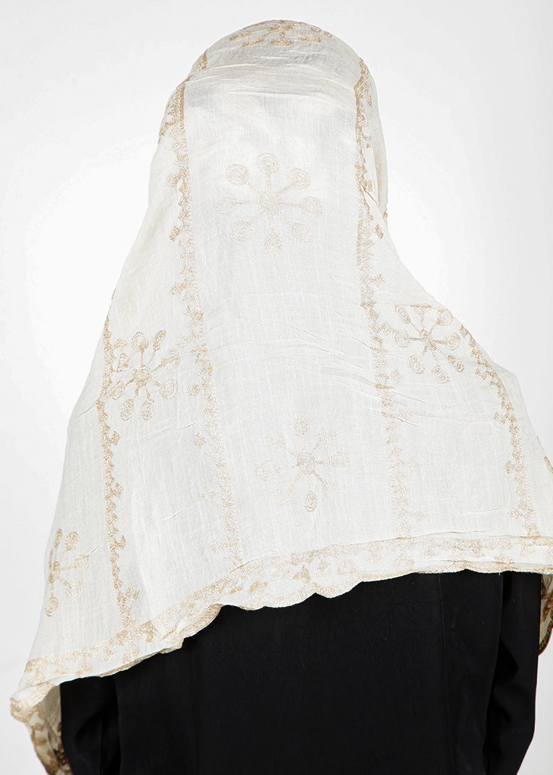 BeingMuslims Designer Embroidered Off White Cotton Hijab