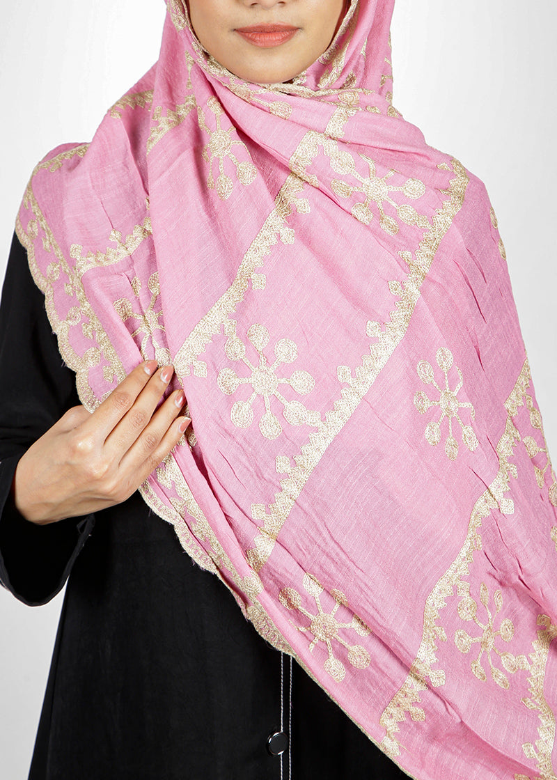BeingMuslims Designer Embroidered Pink Cotton Hijab