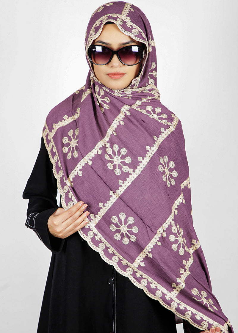 BeingMuslims Designer Embroidered Purple Cotton Hijab