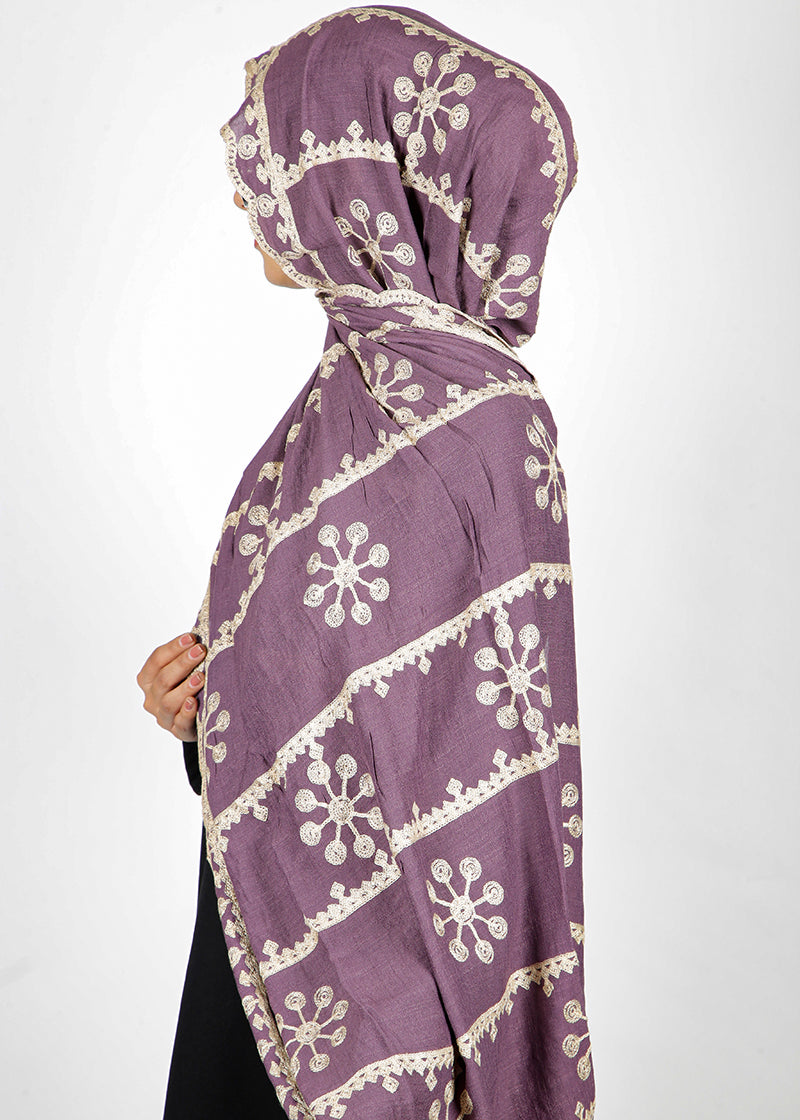 BeingMuslims Designer Embroidered Purple Cotton Hijab