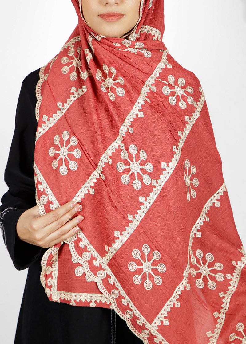 BeingMuslims Designer Embroidered Baby Brick Red Cotton Hijab