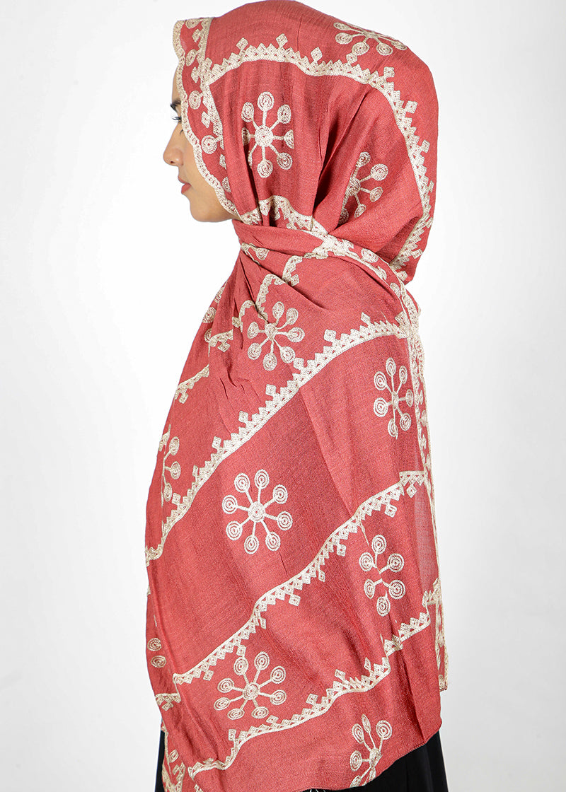 BeingMuslims Designer Embroidered Baby Brick Red Cotton Hijab