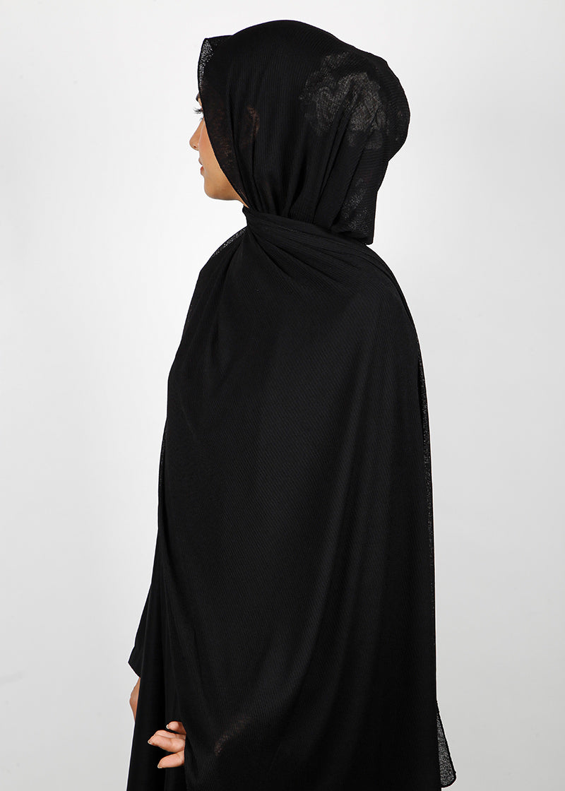 BeingMuslims Classic Ribbed Textured Black Jersey Hijab