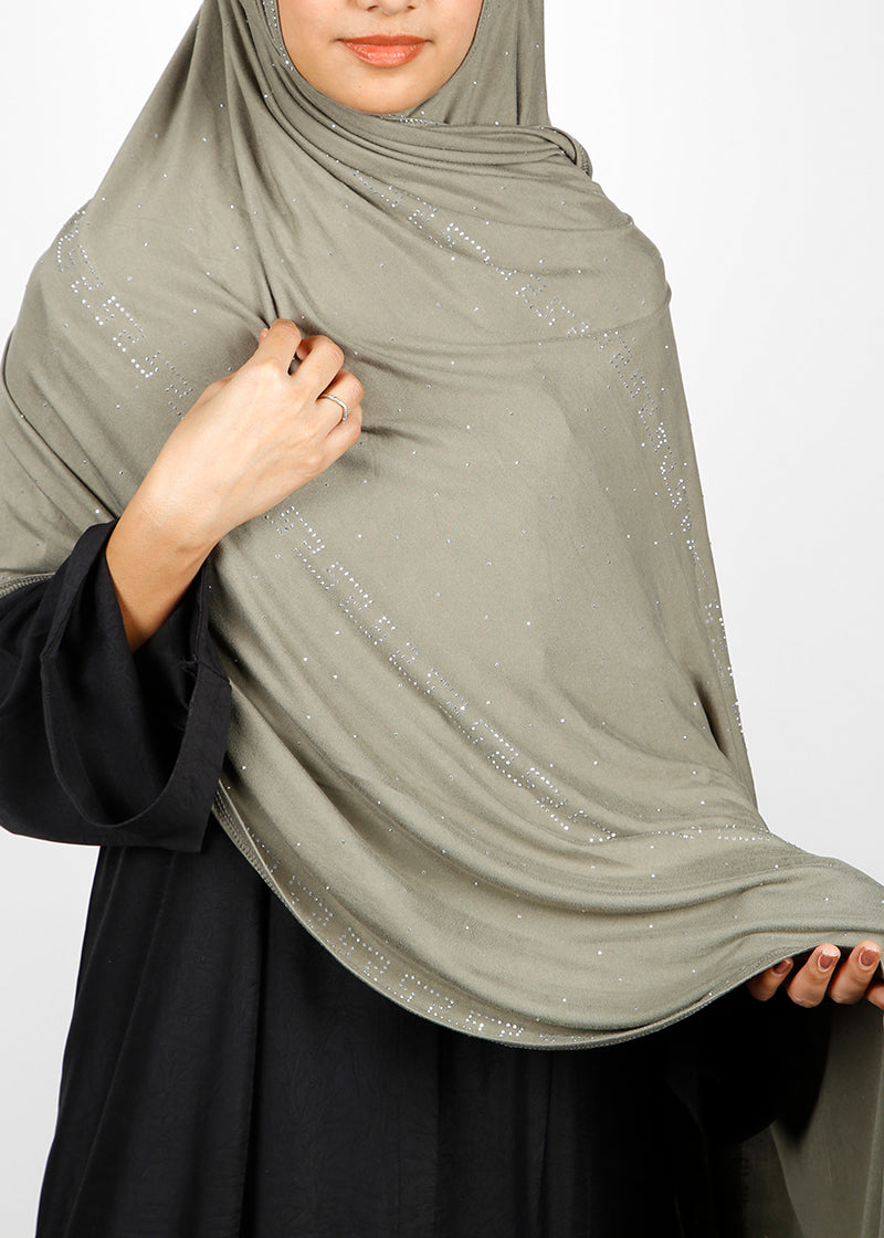 BeingMuslims Stylish Diamond Work Jersey Khaki Hijab