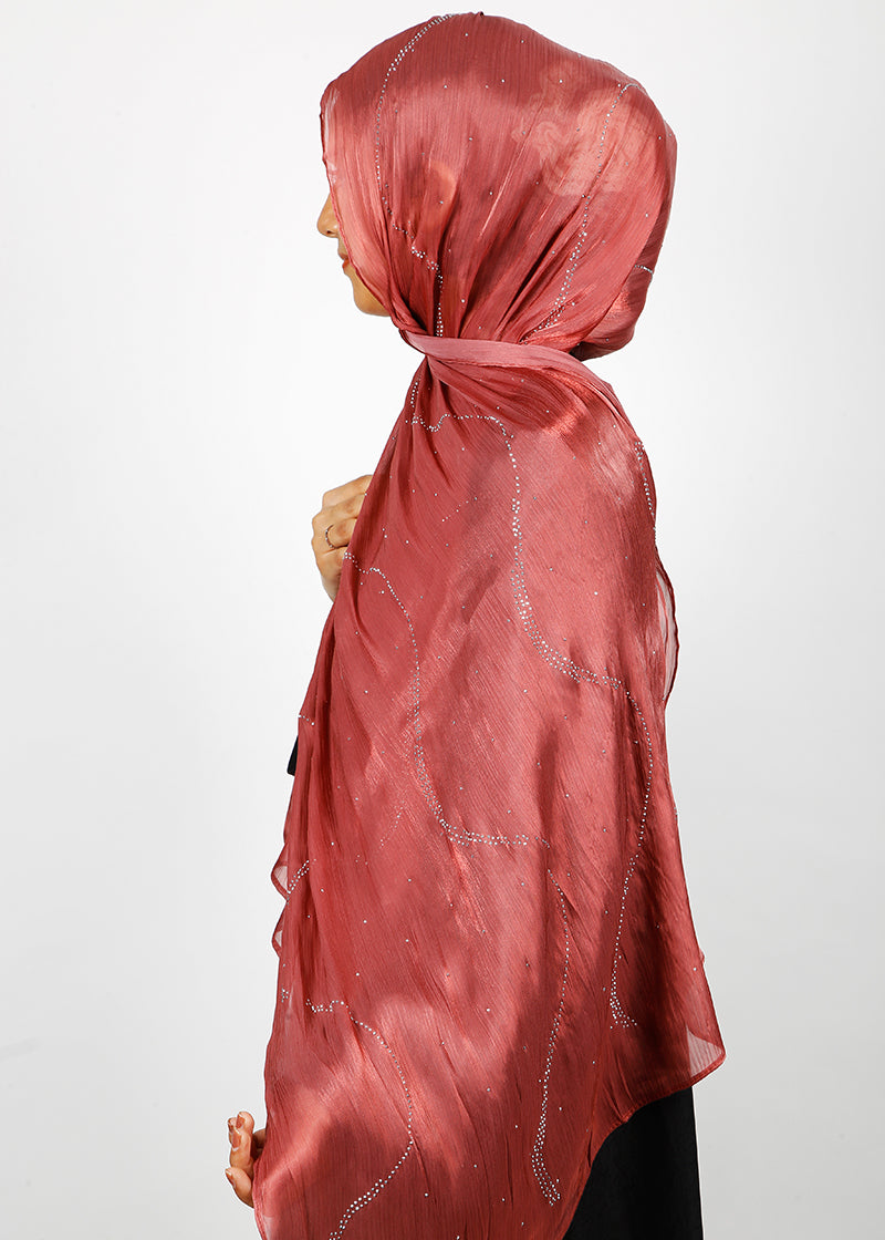 BeingMuslims Diamond Work Organza Brick Red Hijab