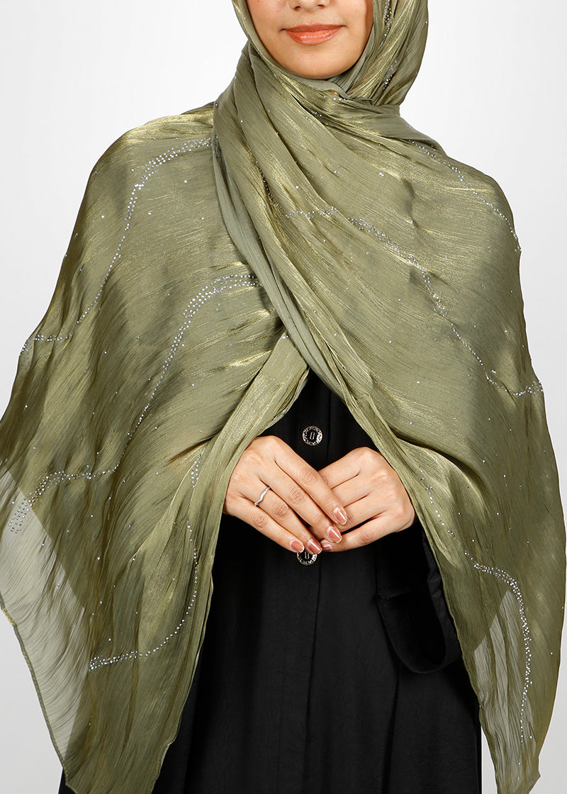 BeingMuslims Diamond Work Organza Olive Hijab