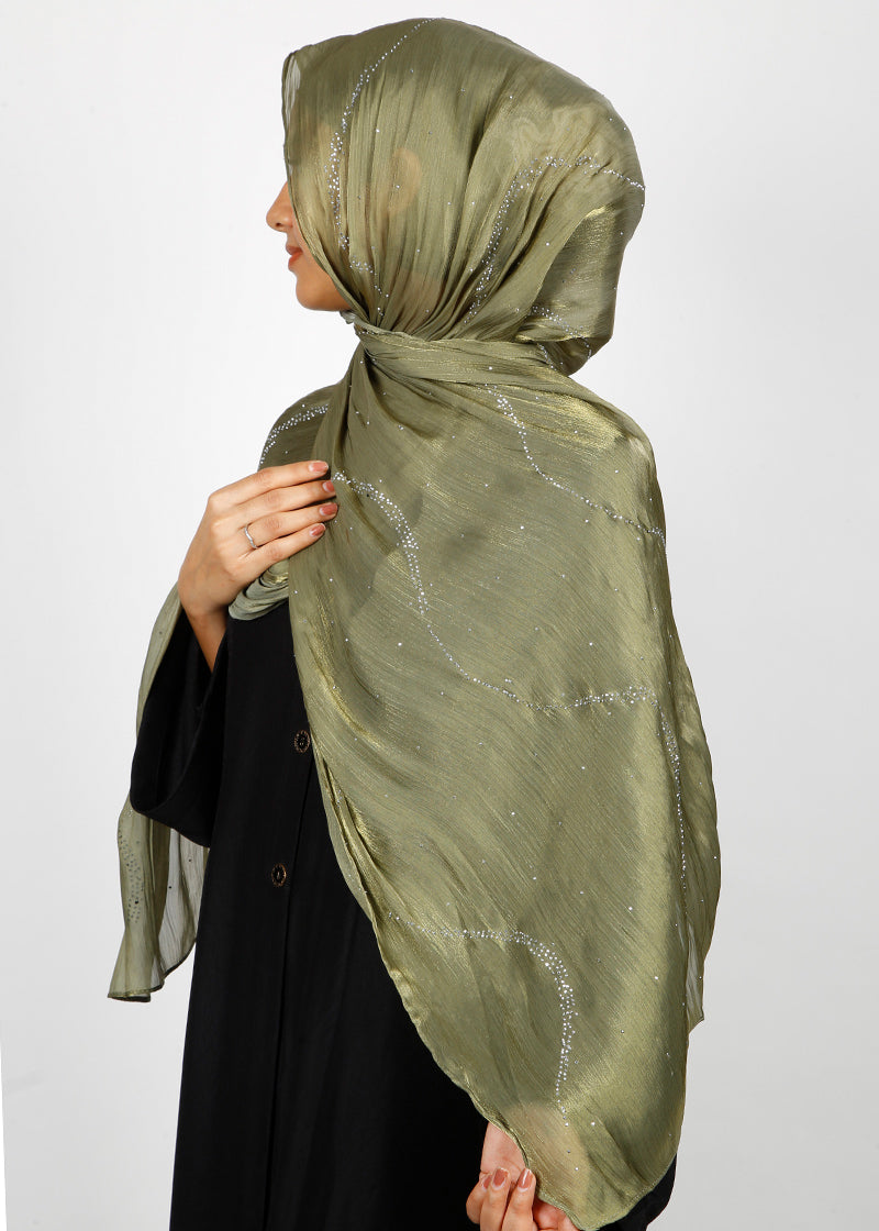 BeingMuslims Diamond Work Organza Olive Hijab