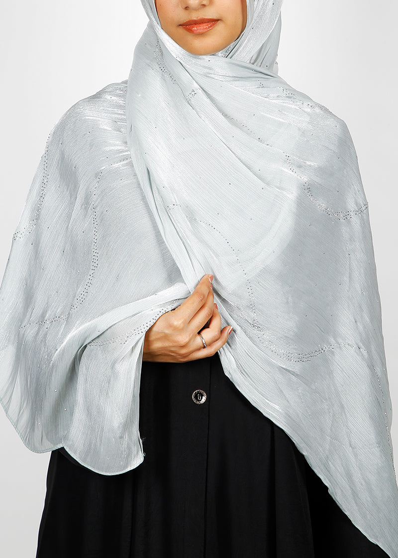 BeingMuslims Diamond Work Organza Silver Hijab