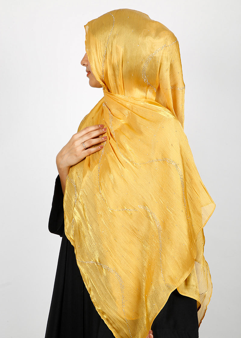 BeingMuslims Diamond Work Organza Yellow Hijab
