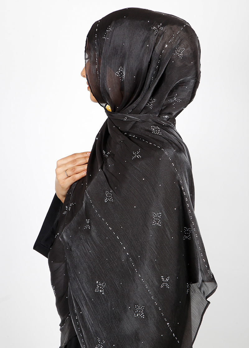 BeingMuslims Graceful Diamond Work Organza Black Hijab