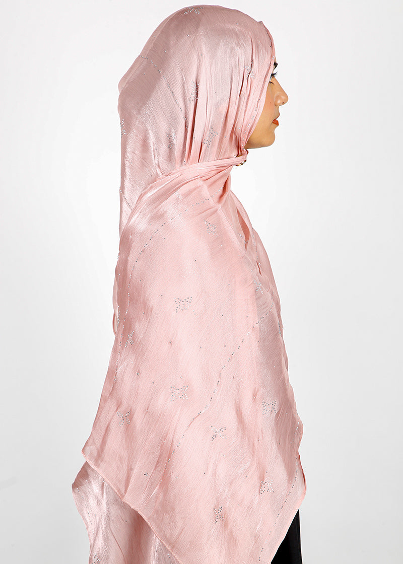 BeingMuslims Graceful Diamond Work Organza Blush Pink Hijab