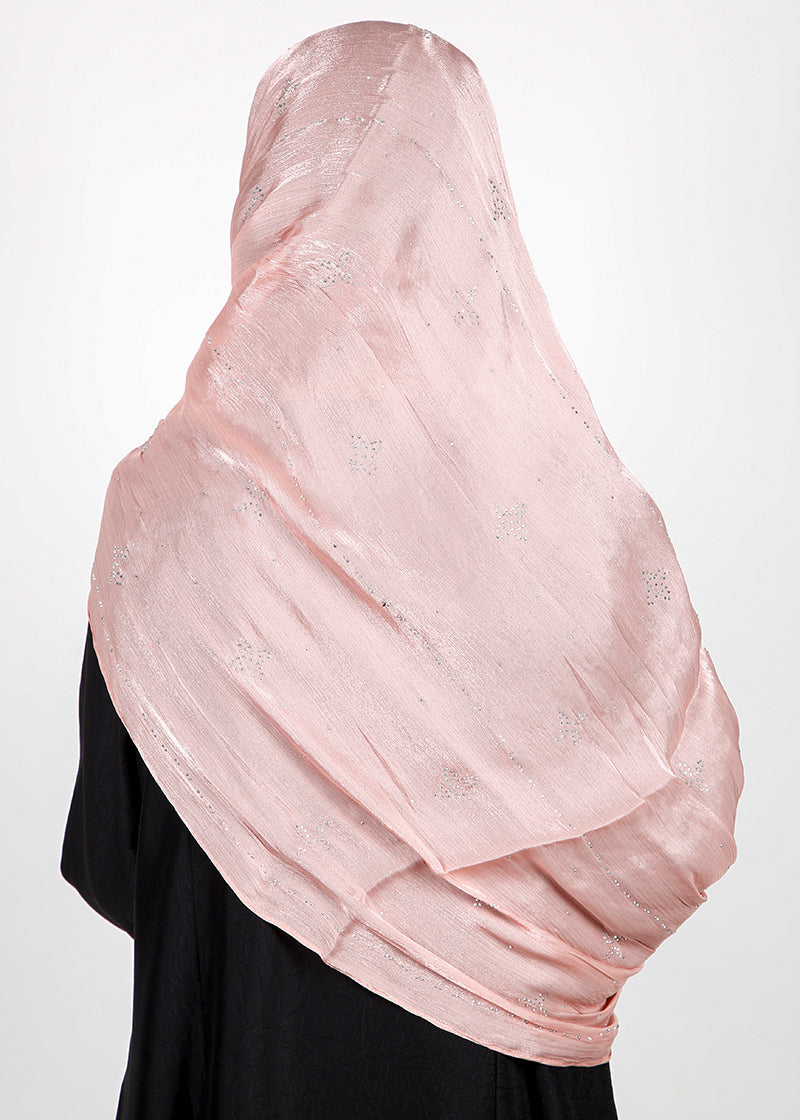 BeingMuslims Graceful Diamond Work Organza Blush Pink Hijab