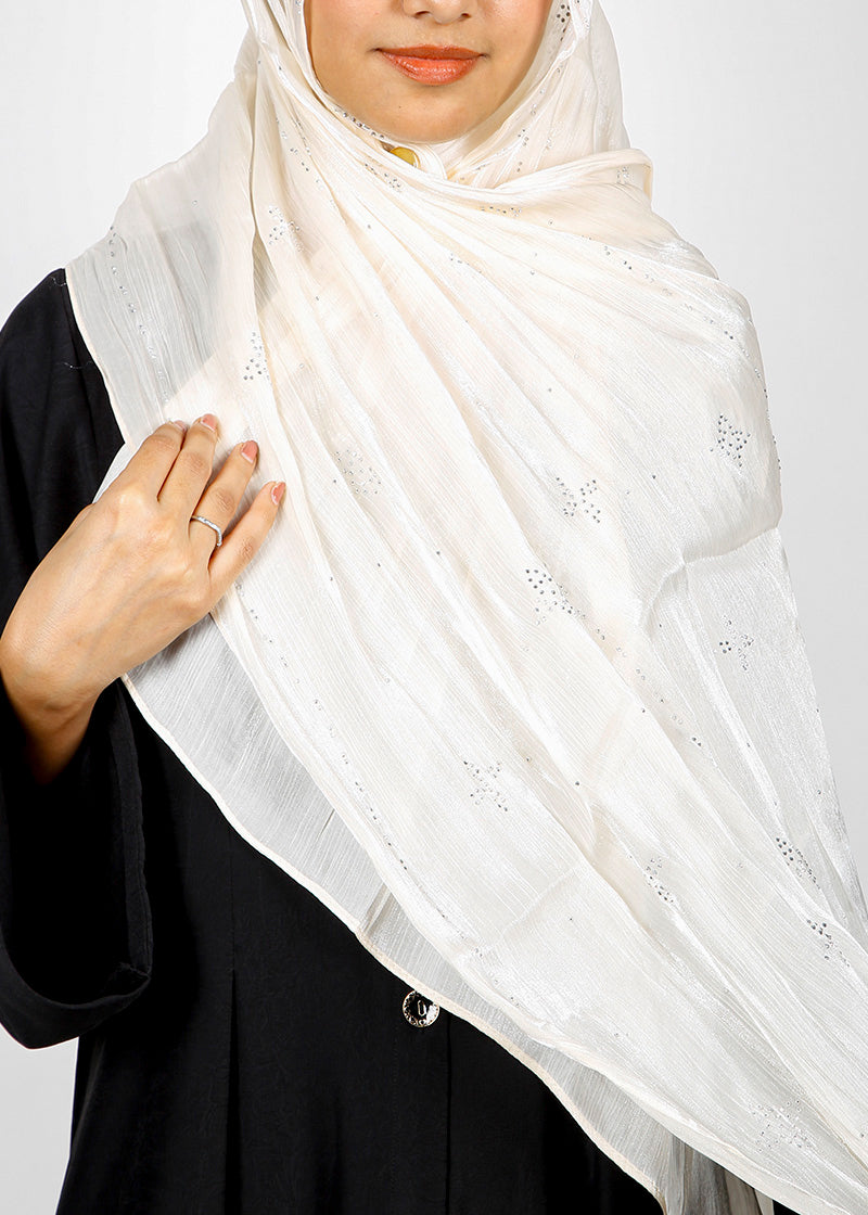 BeingMuslims Graceful Diamond Work Organza Ivory Hijab