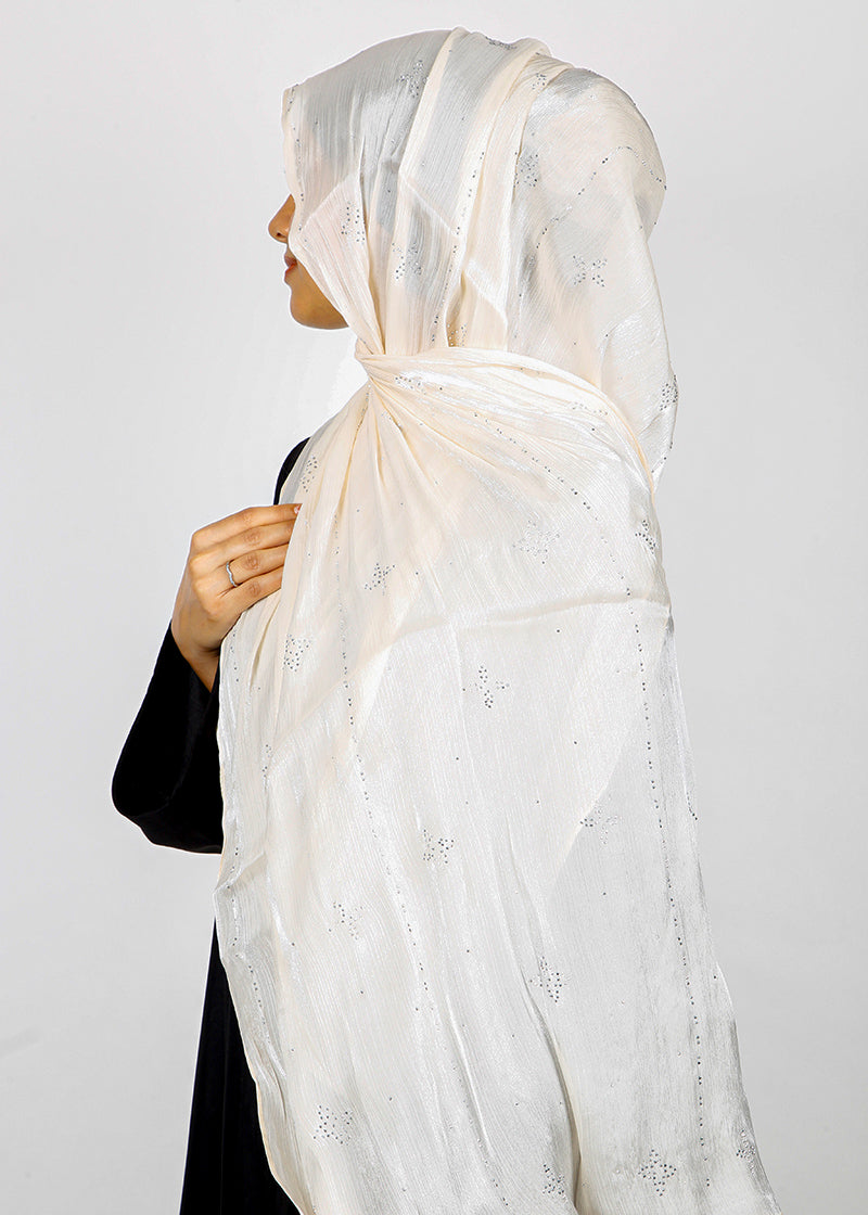BeingMuslims Graceful Diamond Work Organza Ivory Hijab