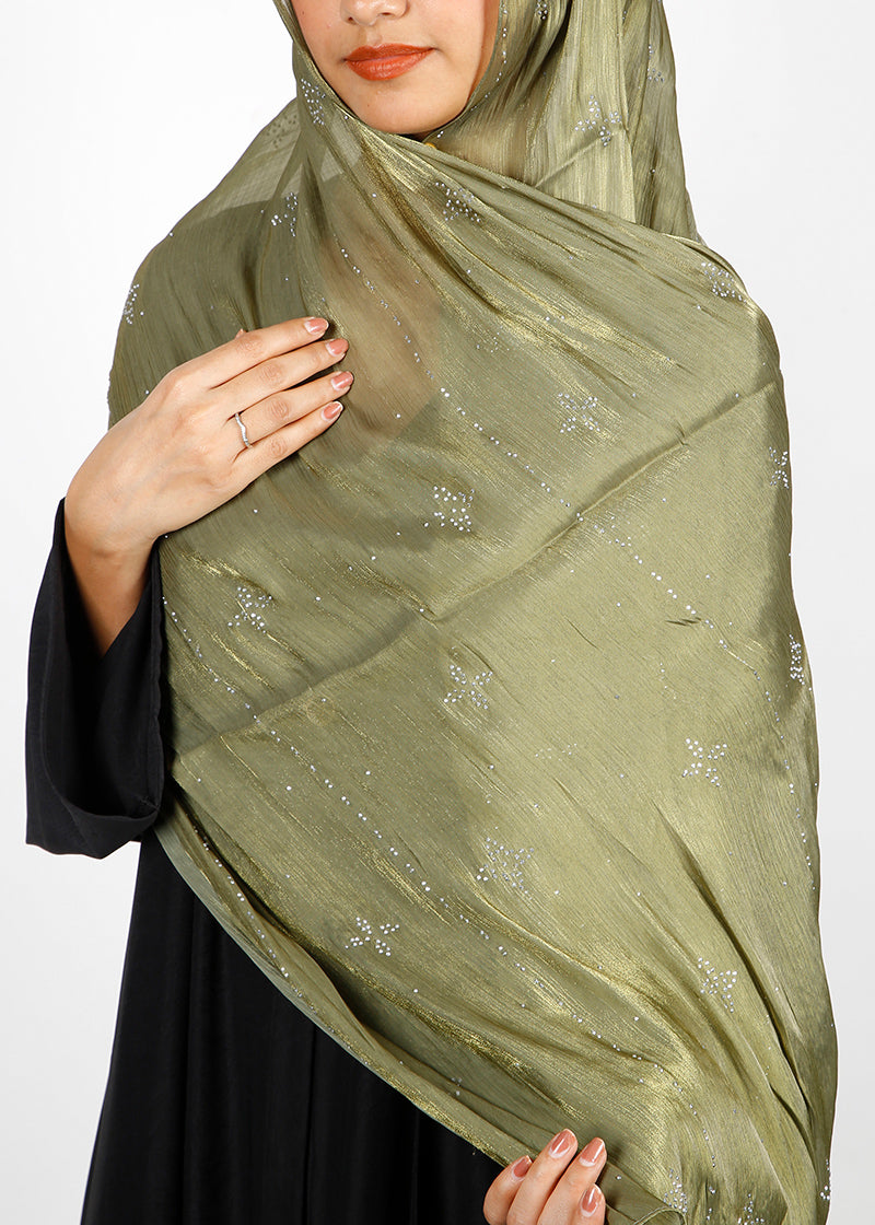 BeingMuslims Graceful Diamond Work Organza Sage Green Hijab
