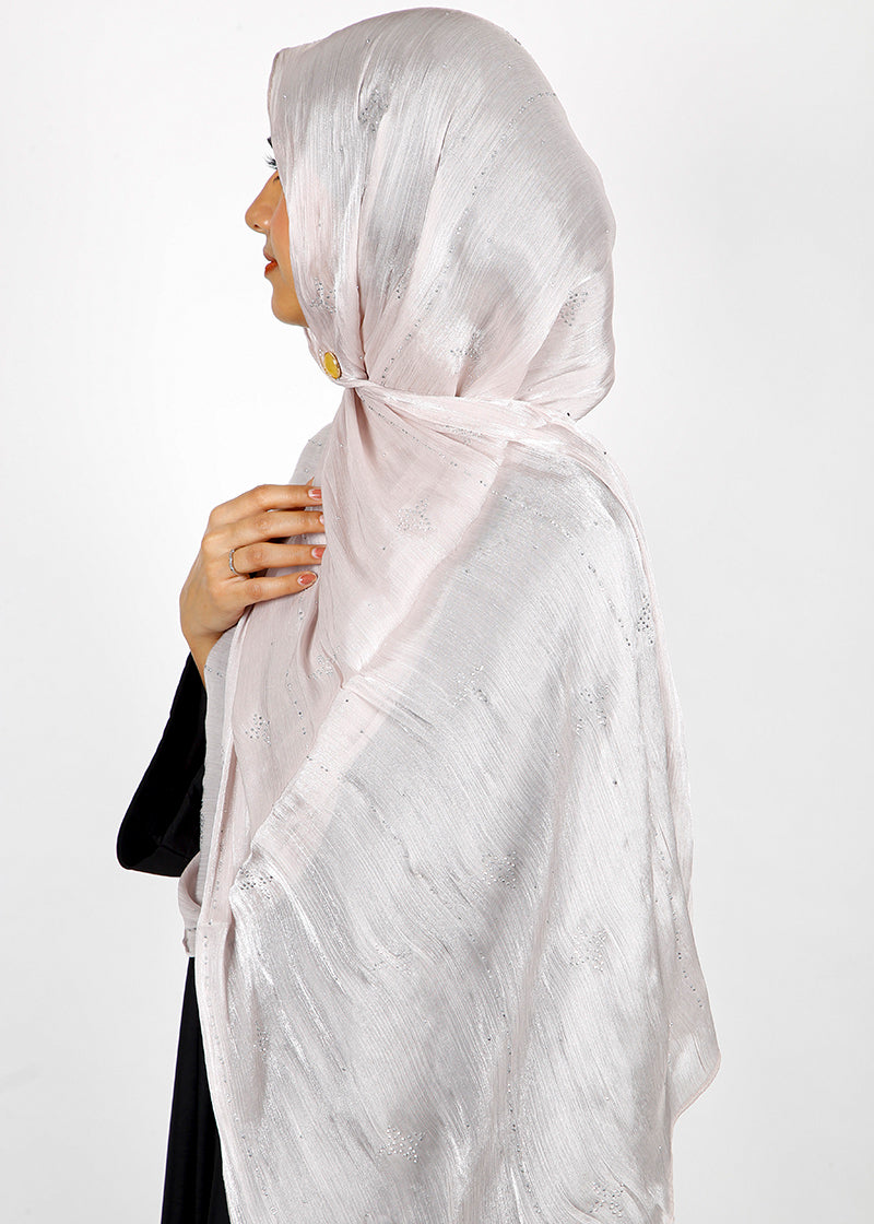 BeingMuslims Graceful Diamond Work Organza Silver Grey Hijab