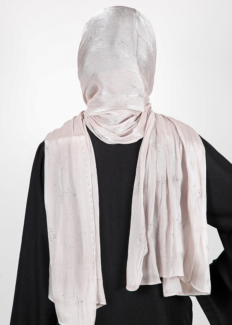 BeingMuslims Graceful Diamond Work Organza Silver Grey Hijab