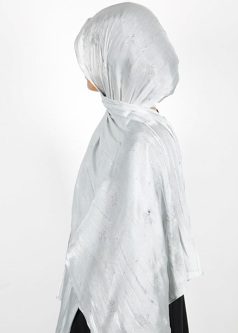 BeingMuslims Graceful Diamond Work Organza Silver Hijab