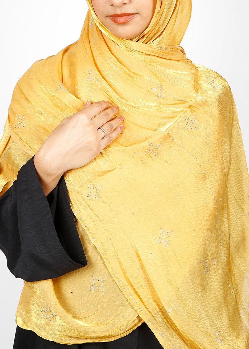BeingMuslims Graceful Diamond Work Organza Yellow Hijab