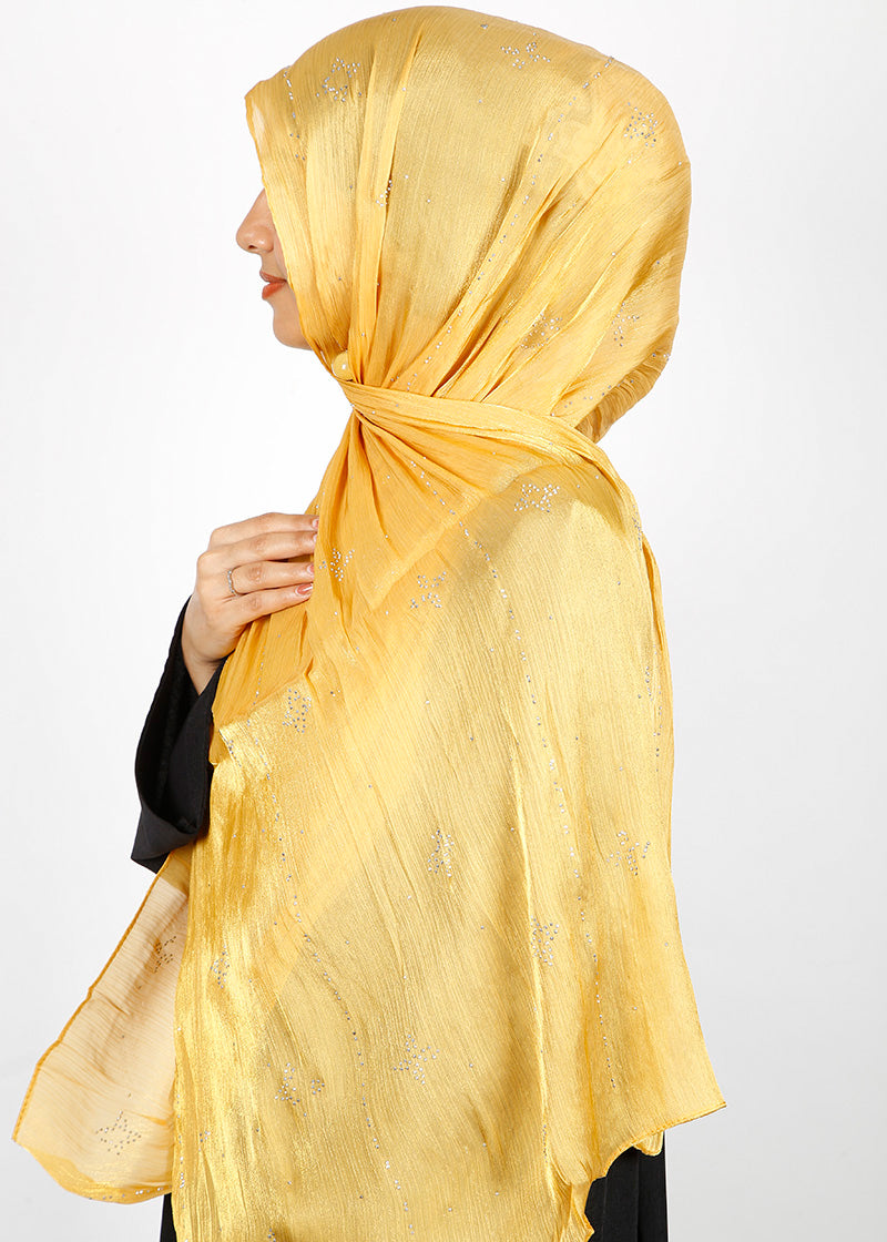 BeingMuslims Graceful Diamond Work Organza Yellow Hijab
