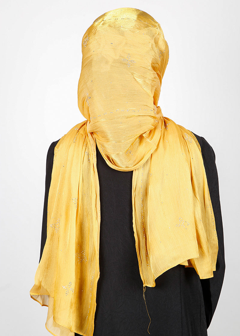 BeingMuslims Graceful Diamond Work Organza Yellow Hijab