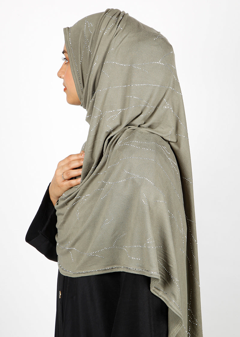 BeingMuslims Elegant Diamond Work Jersey Dull Olive Hijab