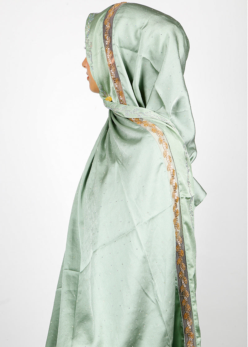 BeingMuslims Cutdana Work Light Green Bubble Satin Hijab