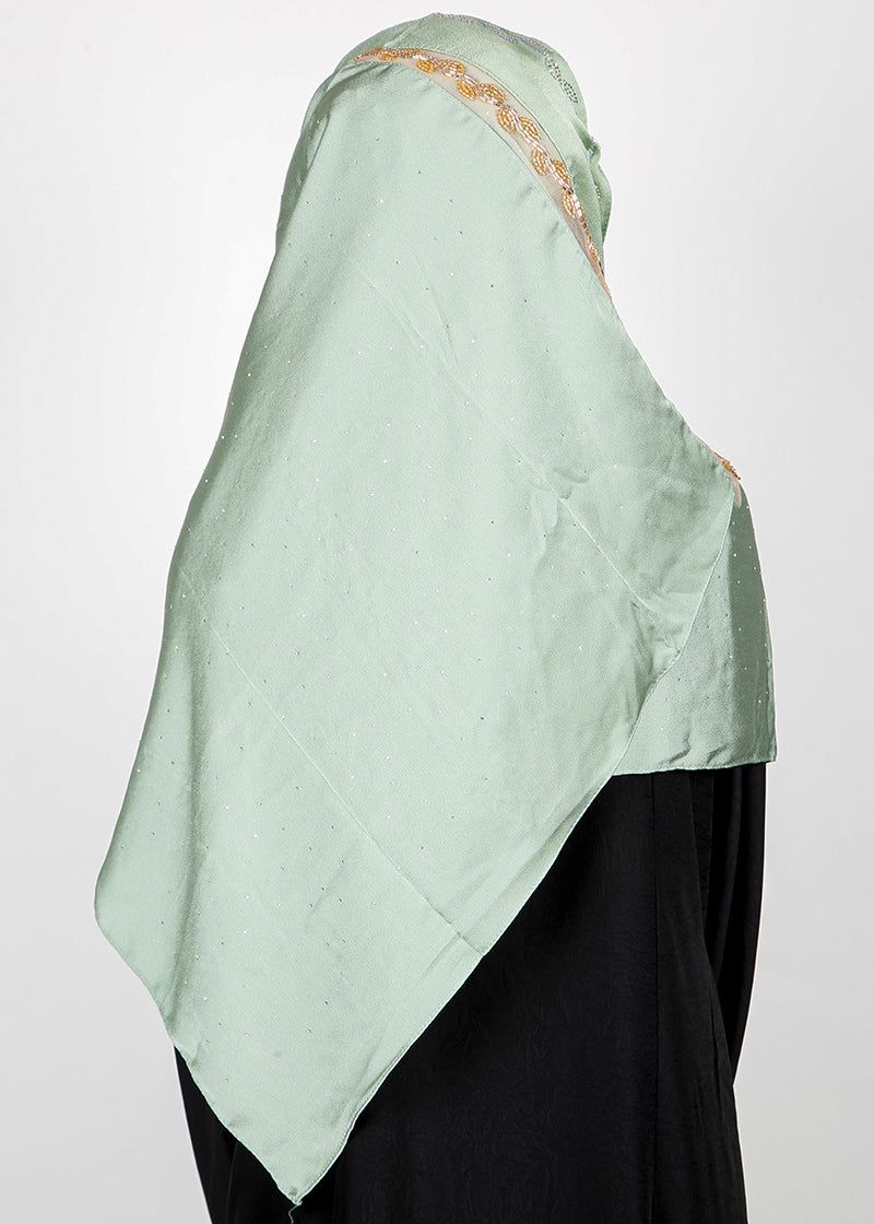 BeingMuslims Cutdana Work Light Green Bubble Satin Hijab