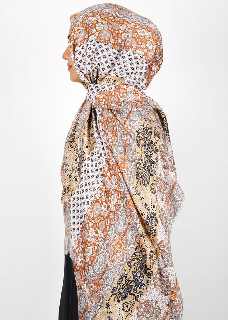 BeingMuslims Paisley Design Printed Burnt Orange Viscose Hijab