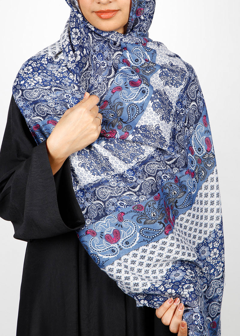 BeingMuslims Paisley Design Printed Blue Viscose Hijab