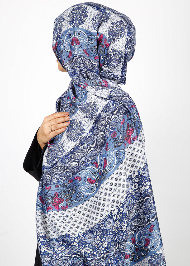 BeingMuslims Paisley Design Printed Blue Viscose Hijab
