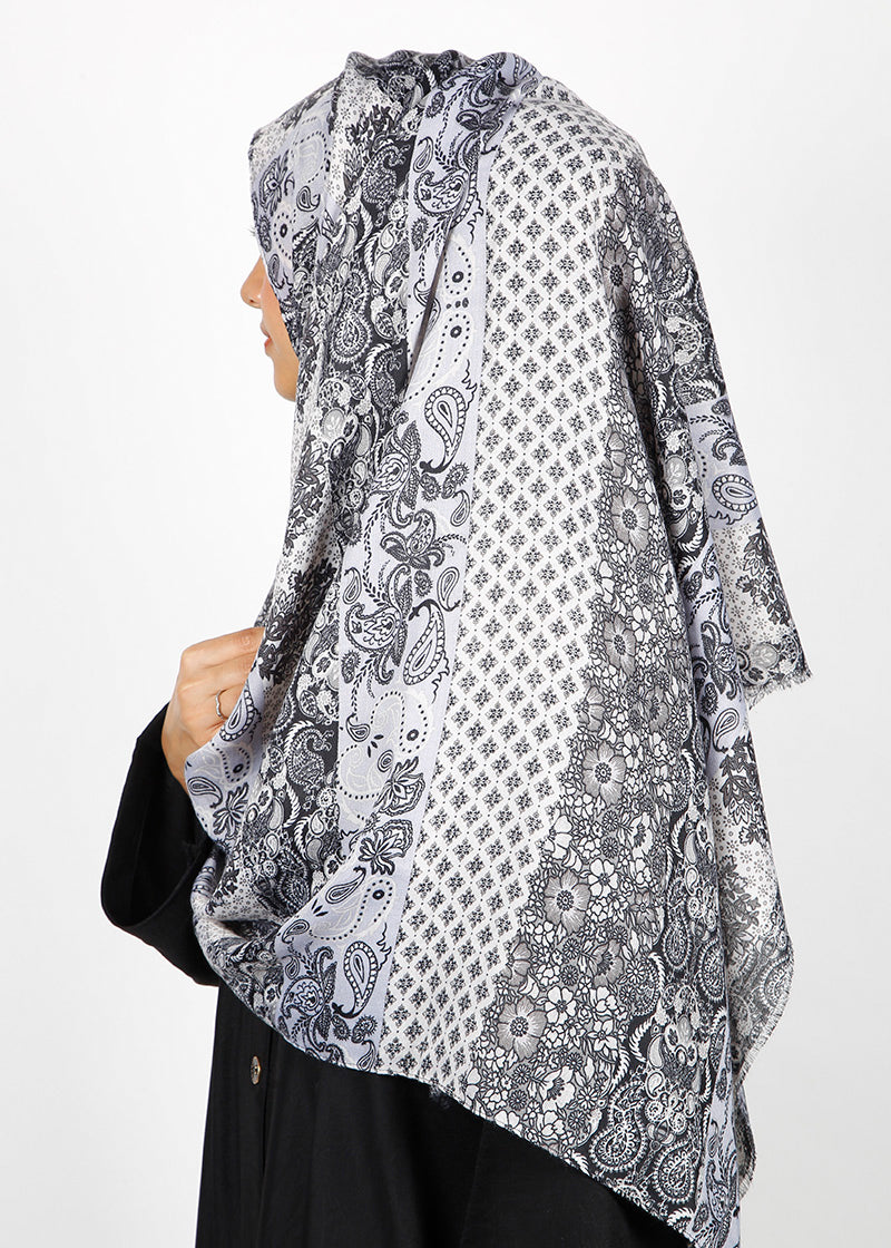 BeingMuslims Paisley Design Printed Grey Viscose Hijab