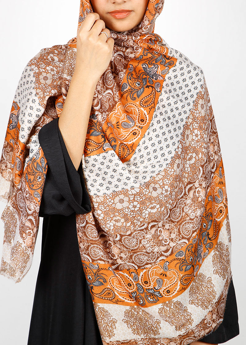 BeingMuslims Paisley Design Printed Orange Viscose Hijab