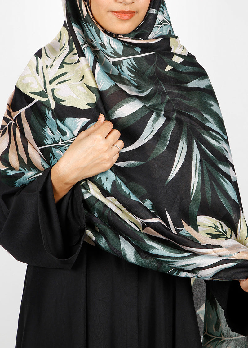 BeingMuslims Flowery Design Printed Black Viscose Hijab