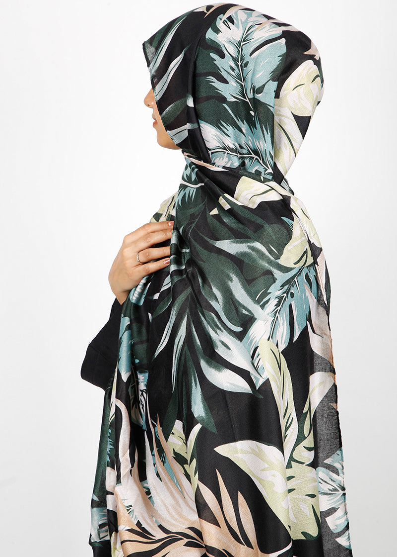 BeingMuslims Flowery Design Printed Black Viscose Hijab