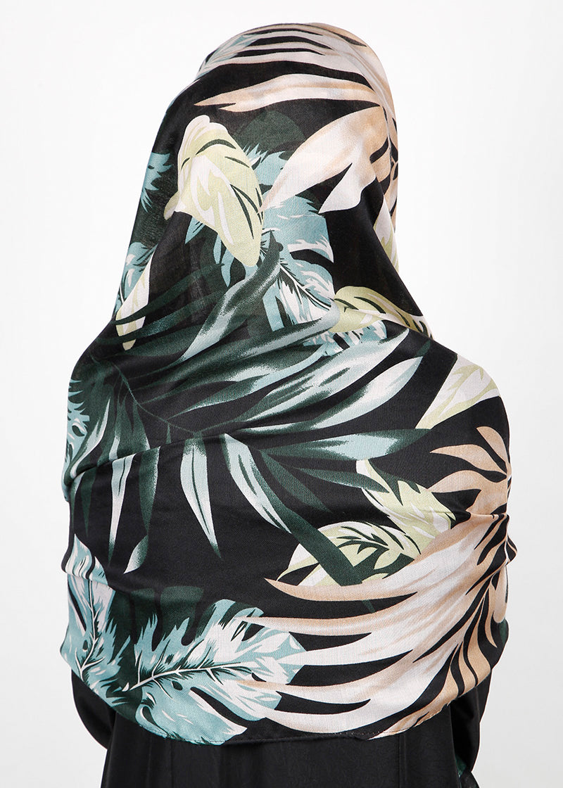 BeingMuslims Flowery Design Printed Black Viscose Hijab