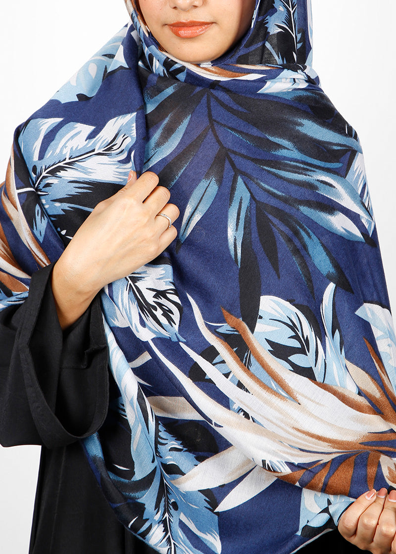 BeingMuslims Flowery Design Printed Blue Viscose Hijab