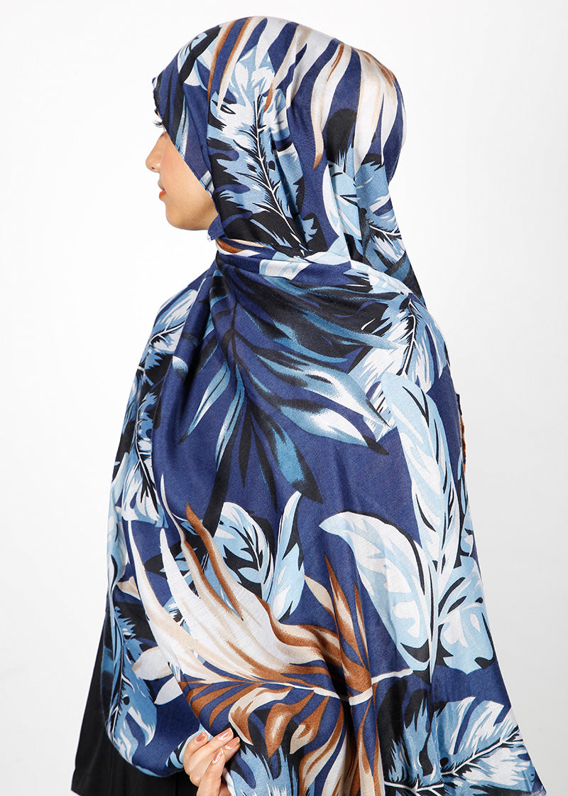 BeingMuslims Flowery Design Printed Blue Viscose Hijab