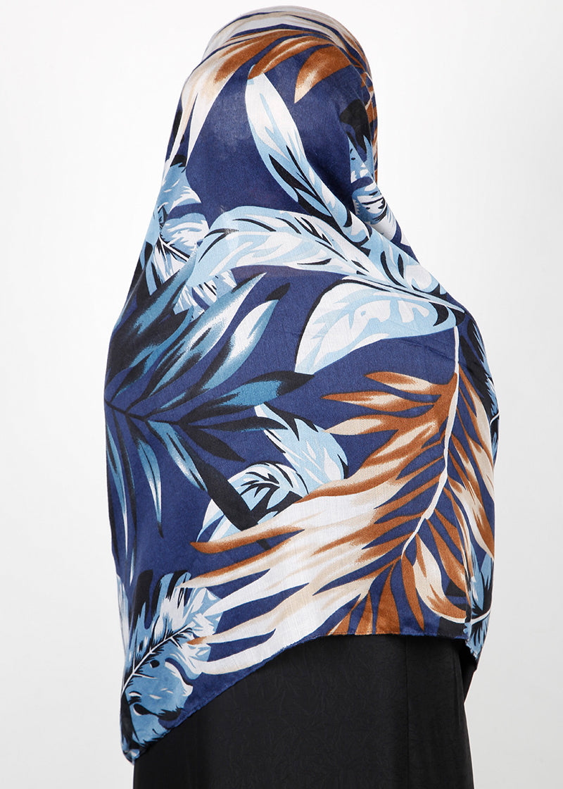 BeingMuslims Flowery Design Printed Blue Viscose Hijab